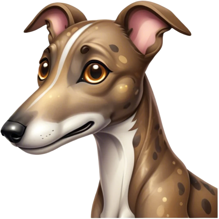 Cinematic Cute Brindle Greyhound Portrait Emoji, Head tilted playfully and inquisitively, featuring a sleek brindle Fur with subtle variations and round, sparkling eyes filled with curiosity, Simplified yet irresistibly adorable features, highly detailed, glowing with a warm, friendly glow, high shine, affectionate and nimble, stylized with a touch of whimsy, bright and endearing, soft glowing outline, capturing the essence of a mischievous yet loving companion, so playful it feels like it could sprint out of the screen and into your arms! emoji