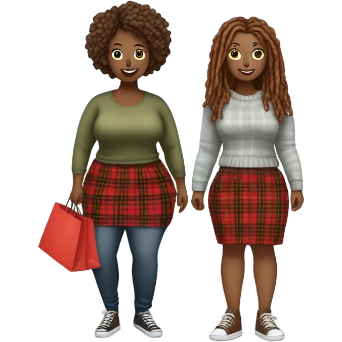 Curvy woman gray locs shopping ,  other curvy woman is brown with red locs in a skirt with plaid sweater shopping emoji