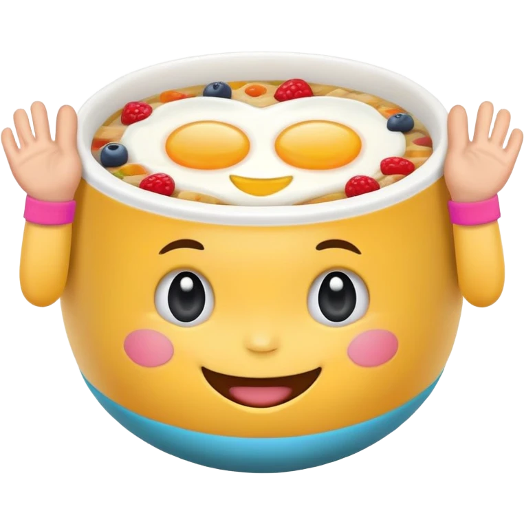 Setting breakfast Bowl with a Face and tiny Hands and tiny Feet and Sweat Bands ready for Fitness emoji