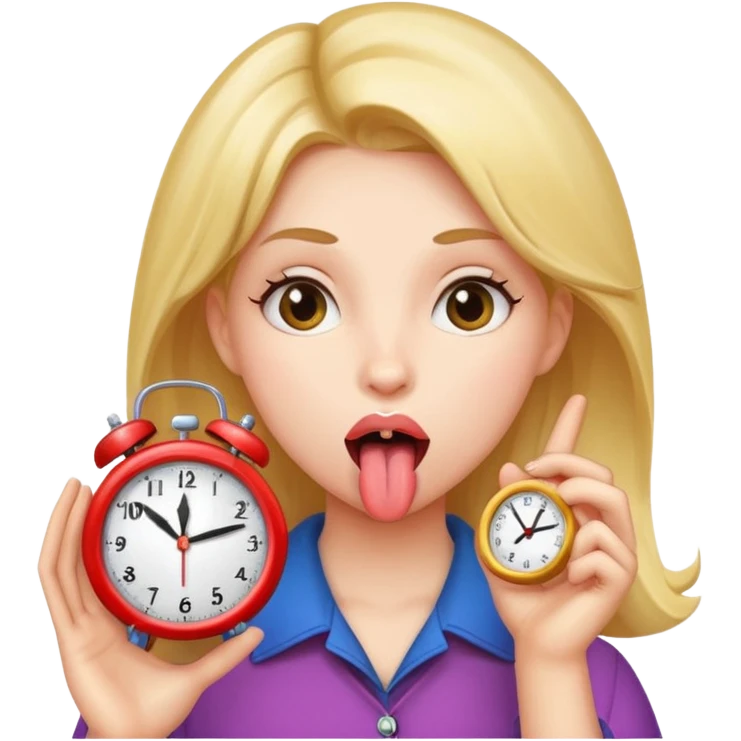 A girl with her tongue out holding a clock  emoji