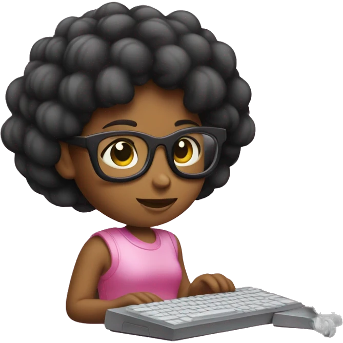 Chica pelo negro y una computadora de apple rosa emoji