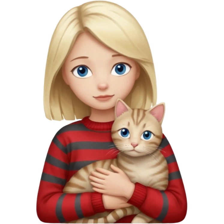Blonde girl with blue eyes in red sweater cuddling with light grey tabby cat with dark grey stripes emoji