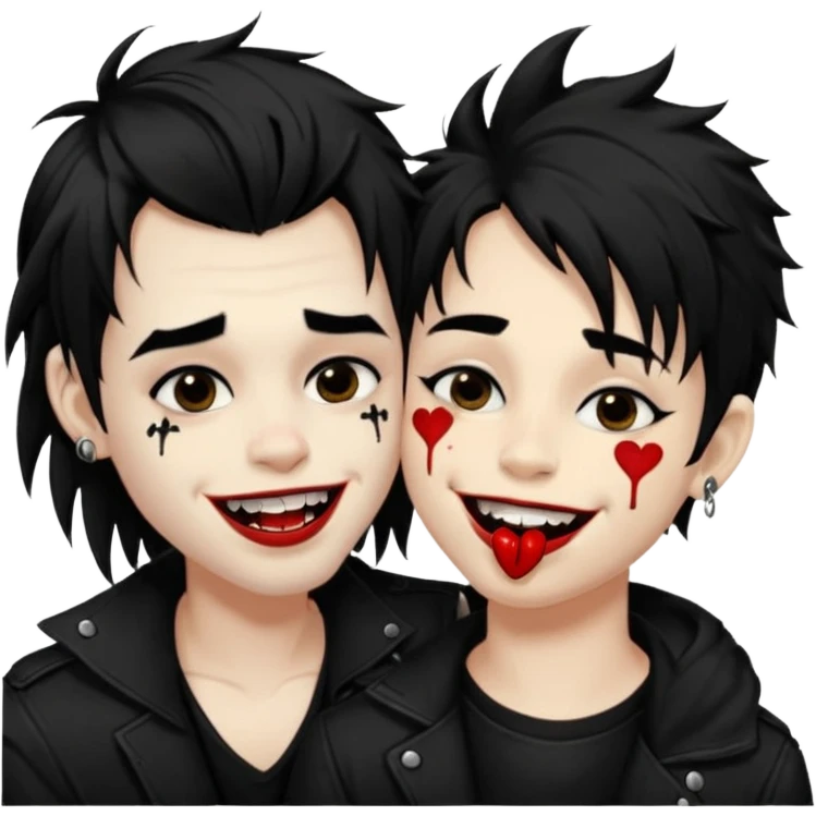 Laughing pale Goth boy with a bunch of face piercings, with shaggy dark brown hair, and messy black eyeliner , smudged, red, lipstick , kissing tan boy with long black hair  emoji