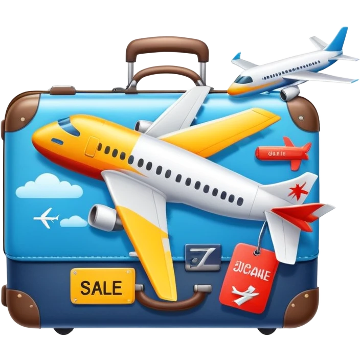 Tour sale with suitcase, airplane and discount tag emoji