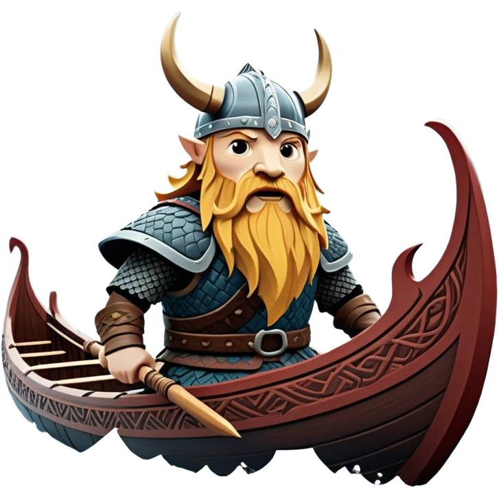 clash-of-clans-aesthetic_-cinematic-viking-longboat, rendered in a flat, bold vector style with minimal shading, featuring a striking dragon-headed prow slicing through icy, churning waters. shields on the side and vikings rowing The longboat’s intricately detailed shields and carved motifs evoke a sense of epic adventure and Nordic might, with billowing sails catching a dramatic, stormy sky backdrop. emoji