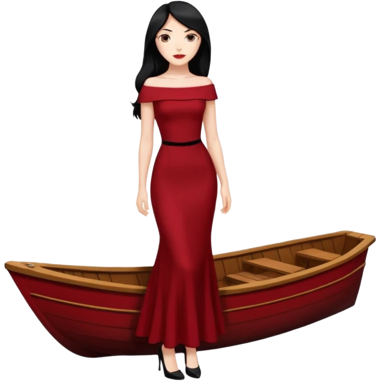 Chica blanca ,ojos marrones, vestido granate muy largo sexy escote tipo barco,  cuerpo entero pelo negro y largo zapatos negros tacon emoji