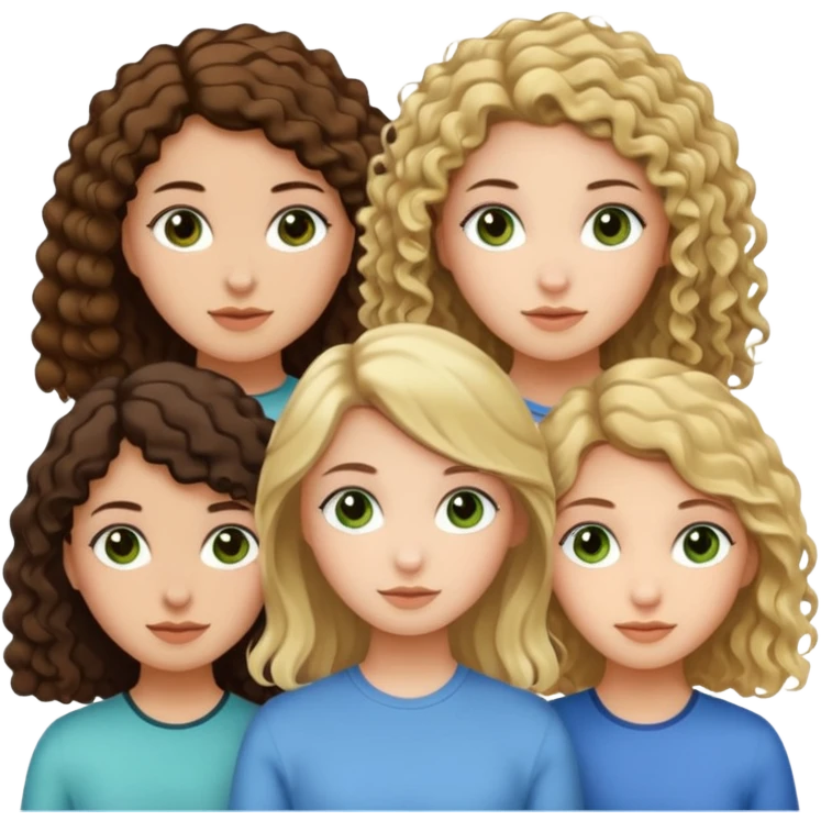 A trio of girls (one straight haired brown eyed brunette, another straight haired Blueish greenish eyed blonde and the last girl a browned eyed curly haired brunette emoji