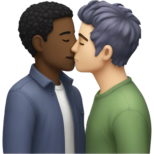 Two men kissing, one of the white with lavender hair and the other person is black with black hair emoji