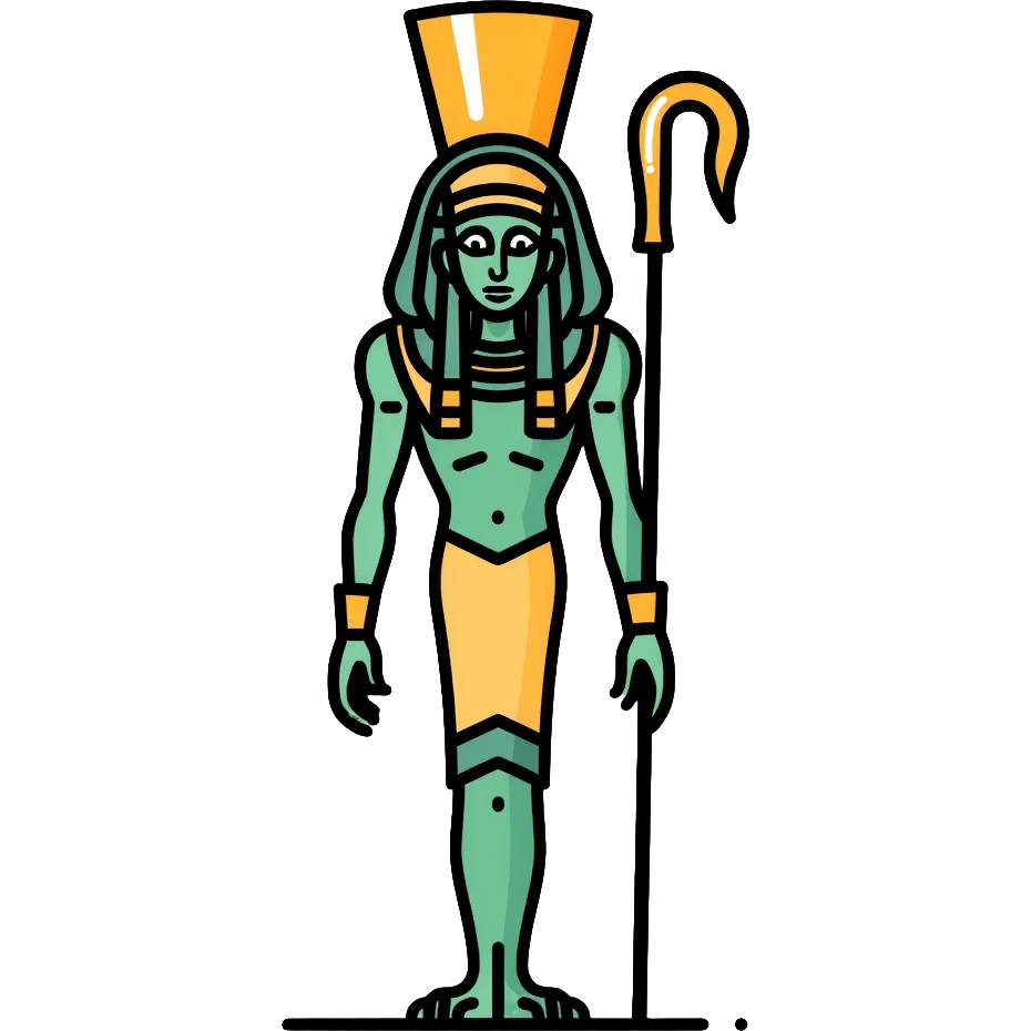 Egyptian god Osiris with green skin, Atef crown, mummified body, holding crook and flail emoji