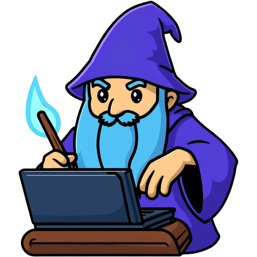 A wizard casting magic spells on a computer, IT wizard emoji