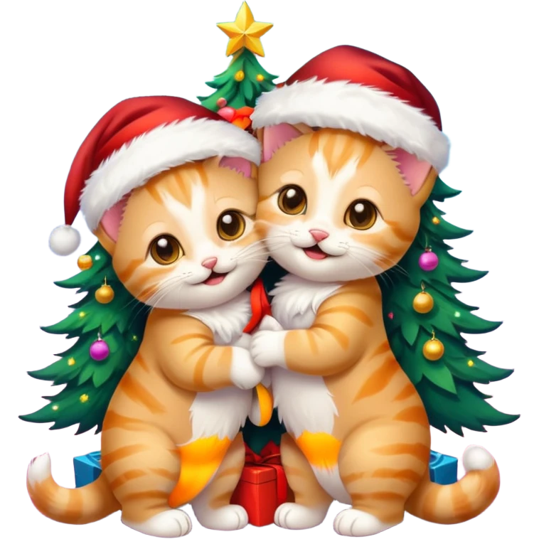 2 hazel eyed cute hugging laughing fluffy gold twin kittens with Santa hats by a colorful multicolored brightly lit up Christmas trees emoji