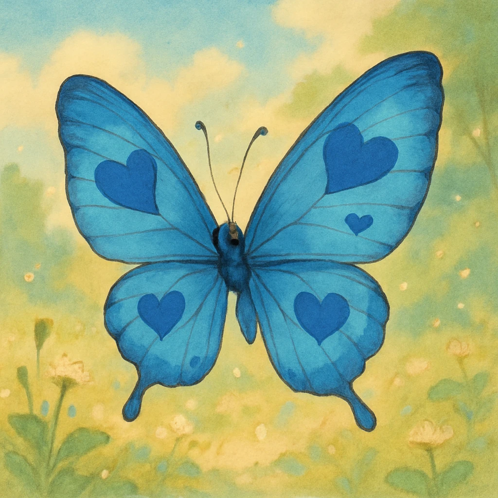 blue butterfly with blue hearts on its wings, ghibli-inspired style emoji
