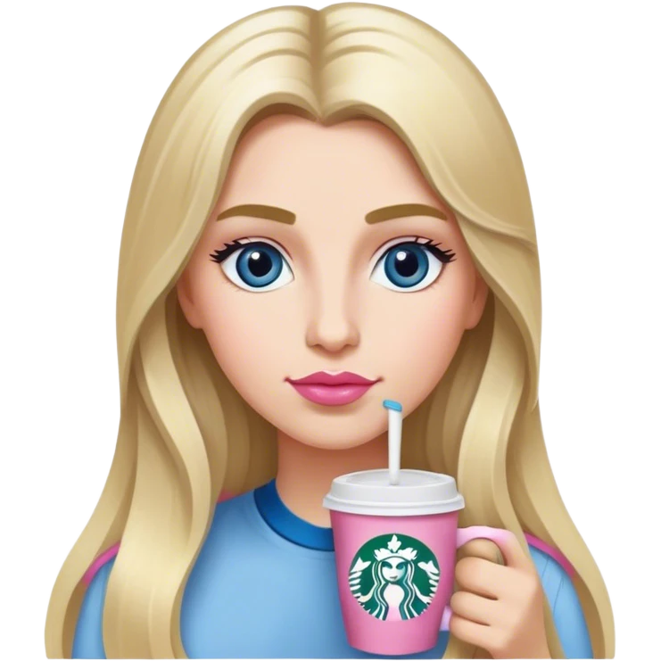 Long blonde grey highlighted with blue gray eyes sipping one Starbucks coffee. She has bushy eyebrows and pink lips  emoji