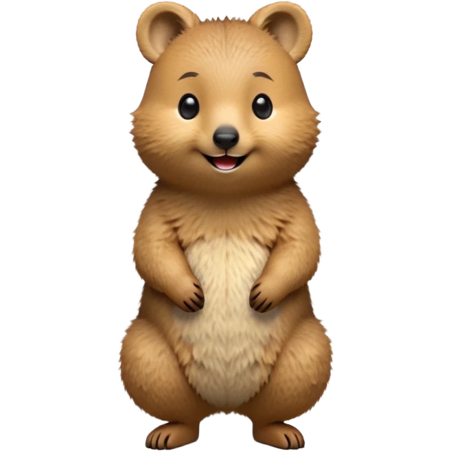 cinematic-quokka-realistic-full-body-standing-emoji,-small-round-frame-balanced-on-tiny-strong-hind-legs,giant fluffy cheeks large smile-fluffy-brown-fur-radiating-a-warm-softness,-big-round-eyes-filled-with-joy-and-innocence,-tiny-clawed-paws-held-close-to-chest,-cheerful-smile-exuding-endearing-happiness,-simplified-yet-realistic-focused-features,-highly-detailed,-glowing-with-a-sunny-warmth emoji