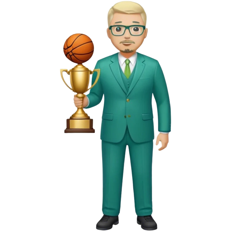 Full Body white fat male  wearing glasses with a goatee with light blonde gray very short hair basketball head Coach in blue and green suit holding trophy emoji