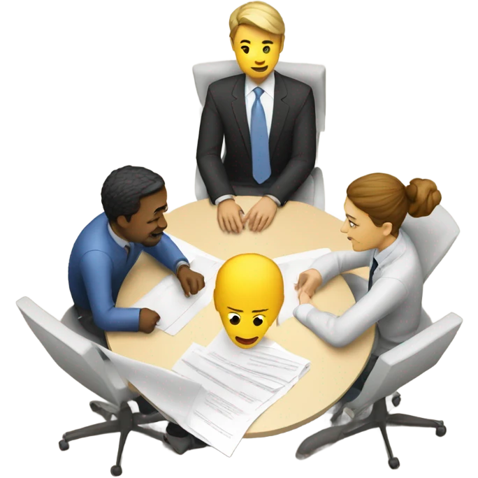 An emoji showing 3 people (2 males, 1 female) sitting at a round table with a laptop and papers, discussing about AI in a collaborative and professional way. emoji