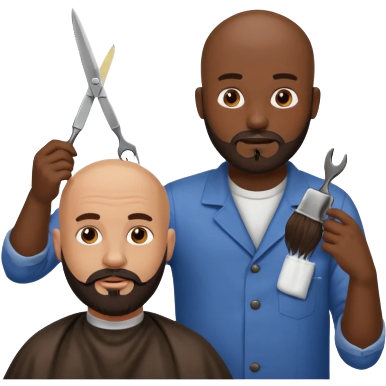 A bald man with a dark brown beard cutting someone’s hair at a barber shop and the other one is eating a poop emoji