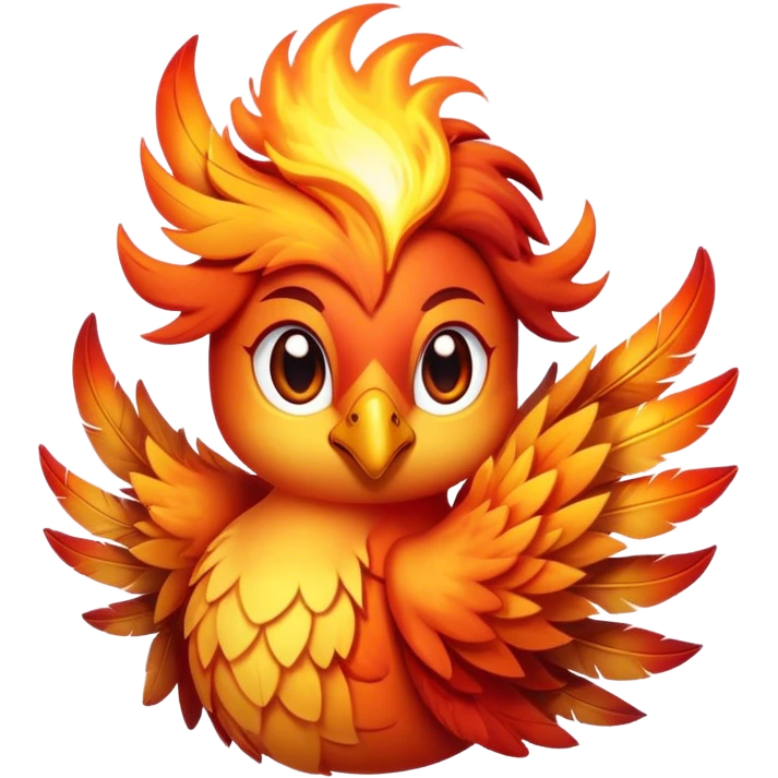Cinematic Cute Mystical Fire Phoenix Portrait Emoji, Head tilted playfully and inquisitively, showcasing a vibrant, flame-kissed form with intricately detailed feathers in warm shades of red, orange, and shimmering gold, accented by delicate sparks and a gentle, inviting glow; rendered with lifelike detail and soft, radiant light, high shine, enchanting and spirited, styled with a touch of mythic whimsy, soft glowing outline, capturing the essence of a mischievous yet endearing phoenix poised to flutter playfully into your heart! emoji