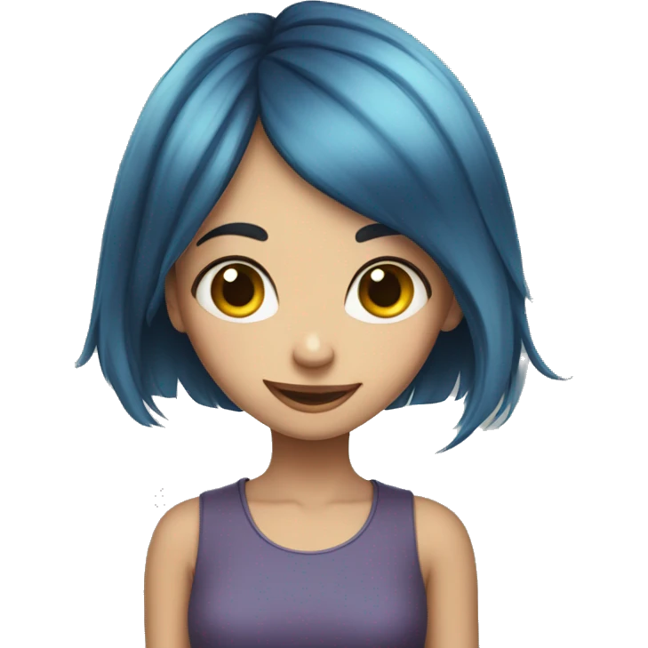 Skinny and happy girl, Big eyes, short and blue hair, happy emoji