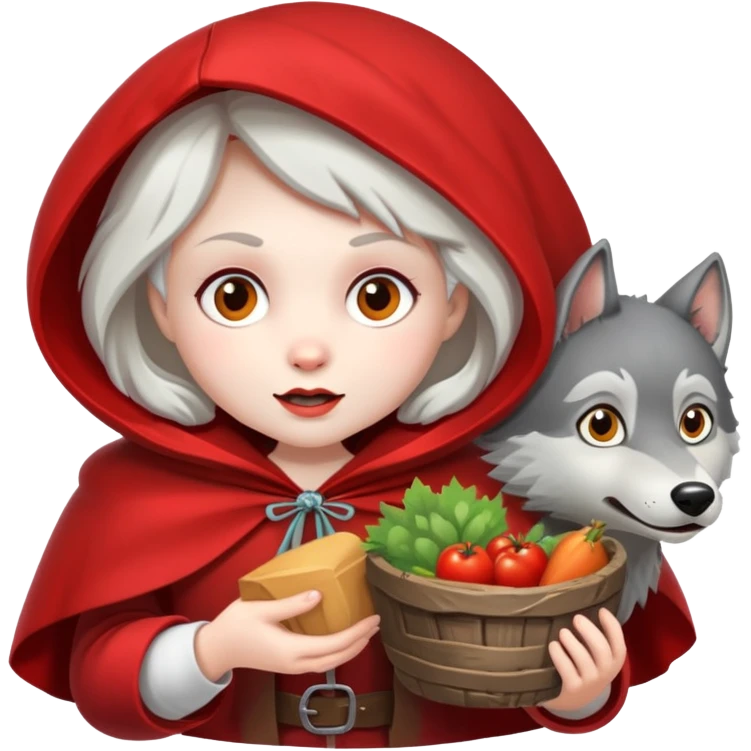 Little Red Riding Hood brings food to grandma, is tricked by a wolf, but is saved by a hunter. emoji