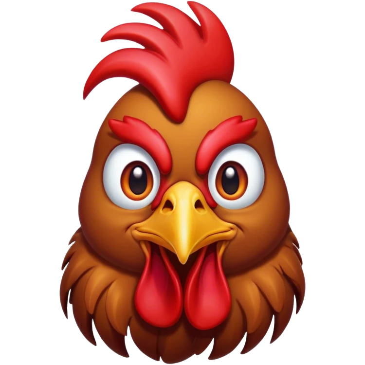 Cinematic Comical Brown Rooster Portrait Emoji, Head tilted dramatically with an exaggeratedly amused expression, featuring a striking, glossy brown plumage with a bold red comb, wide, expressive warm eyes filled with playful disbelief, Simplified yet hilariously expressive features, highly detailed, glowing with a slightly sassy glow, high shine, dramatic yet playful, stylized with an air of cheeky mischief, bright and endearing, soft glowing outline, capturing the essence of a spirited and over-the-top rooster, so meme-worthy it feels like it could crow its way into internet fame instantly! emoji