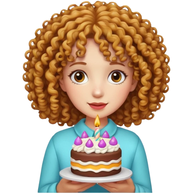 Curly haired girl with a cake emoji