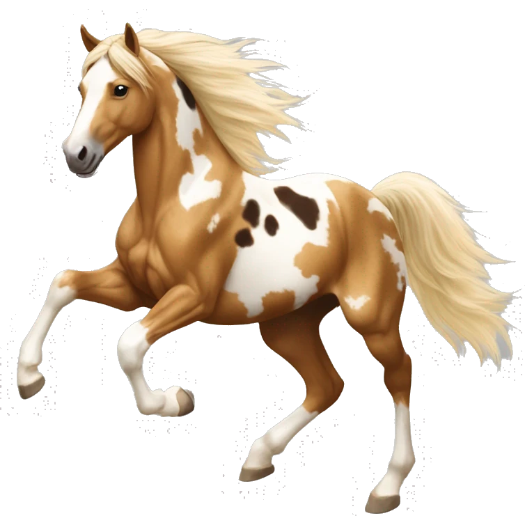 Scruffy scarred scratched Piebald tricolor palomino yellow brown horse with dark brown spots galloping running emoji