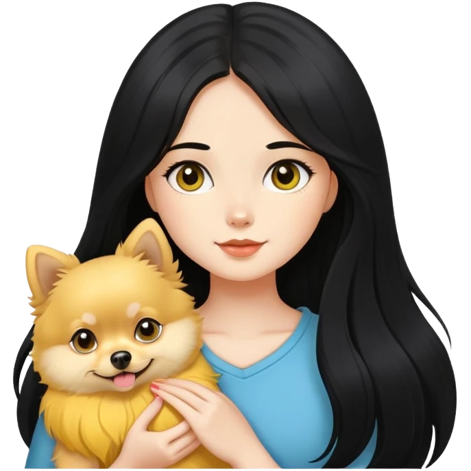 Fair-skinned girl - long black hair - holding a yellow Pomeranian emoji
