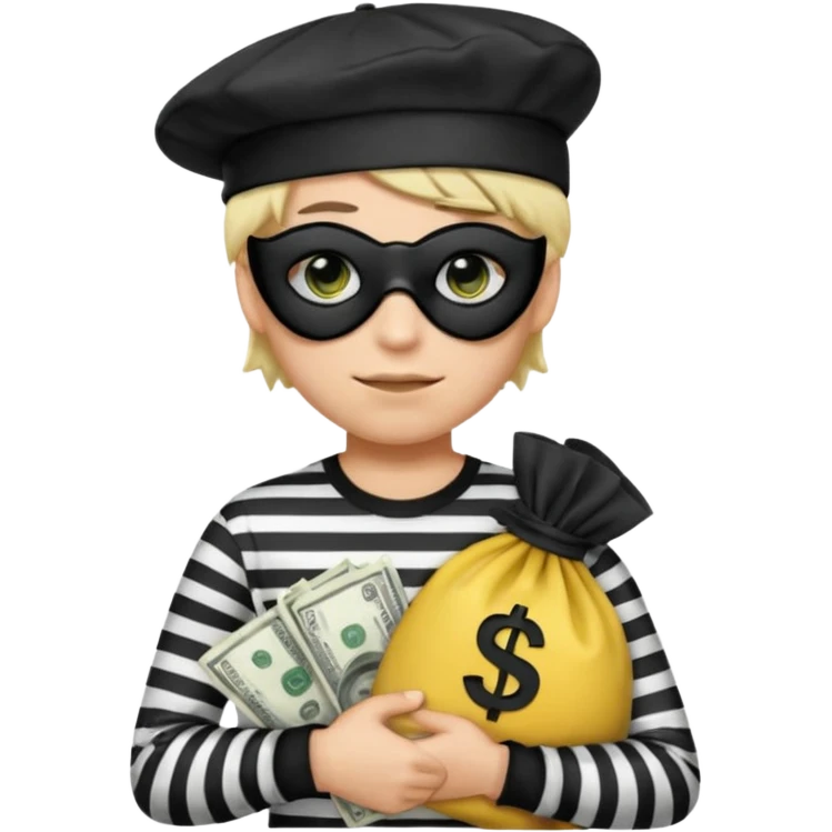 Realistic ios emoji-style portrait of a classic burglar, a black eye mask and a black-and-white striped shirt. emoji-like hair, black hat, a bag of money 💰 with a dollar sign in a right corner, mean expression  emoji