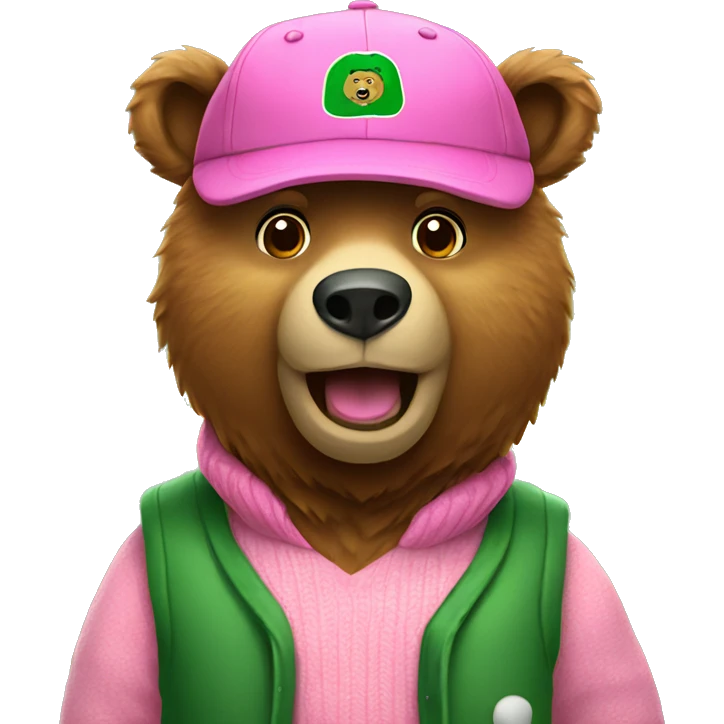 Brown bear wearing green baseball cap and pink sweater with vest emoji
