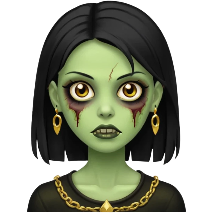 Faça uma zombie mulher bonita verde com olhos castanhos cabelos pretos liso com estilo y2k e ouro emoji