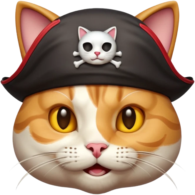 Premium 3D emoji icon of cat, pirate theme, high detail, glossy finish, claymorphism style, soft studio lighting, isolated on white background, 8k resolution, stylized professional look --v 6.0 emoji