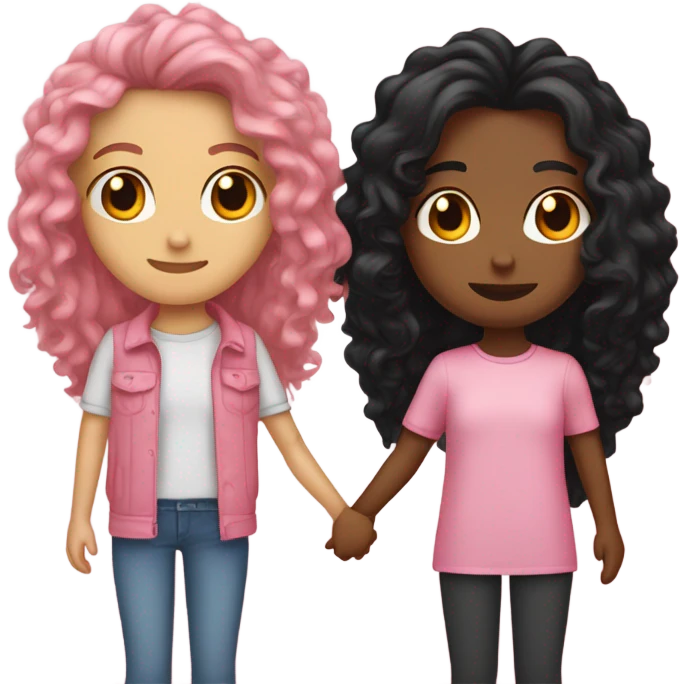 two best friends holding hands , both tan skin. One long black straight hair the other long curly hair. clothing pink for both  emoji