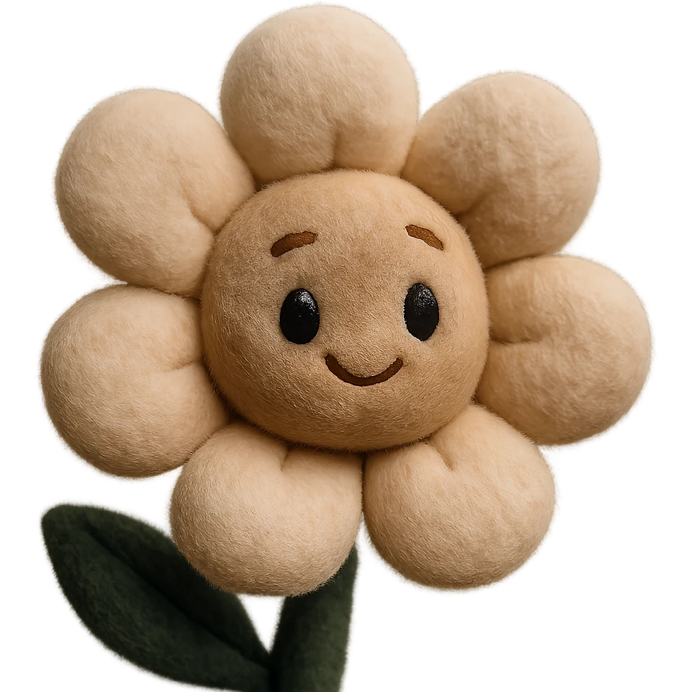 a plush flower, soft and cute, with stitched petals and a smiling face emoji