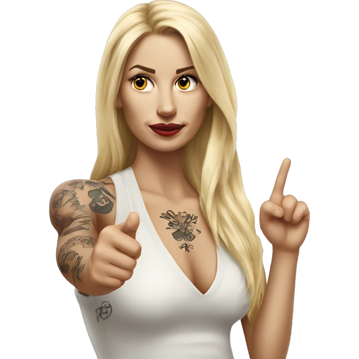 Blonde elegant women with LONG HAIR, her Body Covered with Tattoos, POINTING YOU FORWARD with her HAND with INDEX FINGER, Hyper realistic emoji