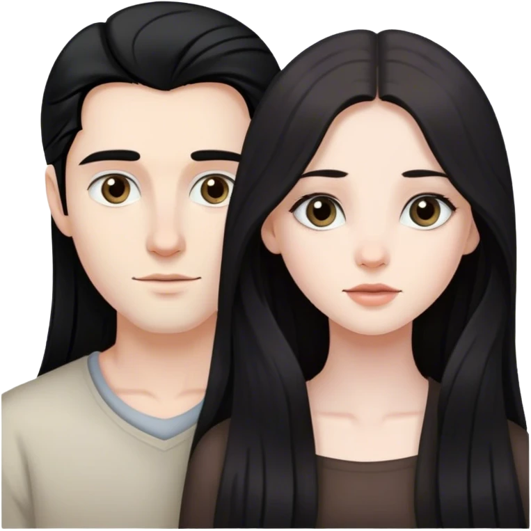 beautiful pale brunette girl with long hair and pale man with black hair and gray eyes emoji