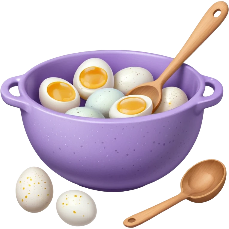a lilac ceramic mixing bowl with a wooden spoon stirring and sitting next to it is a few eggs emoji