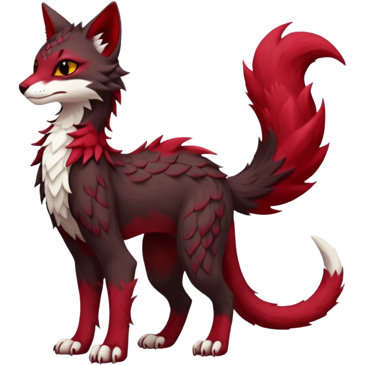 Kawaii dark-brown and crimson-red beautiful pretty elegant divine edgy fantasy feline-vernid-sergal-fursona animal creature with a tufted tail full body with intricate markings  emoji