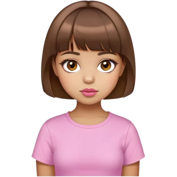 A girl with short slide brown hair with bangs , brown eyes, almost honey skin, add eyeliner, pinky cheeks, pink lipstick on lips and wearing cutie baby tee emoji