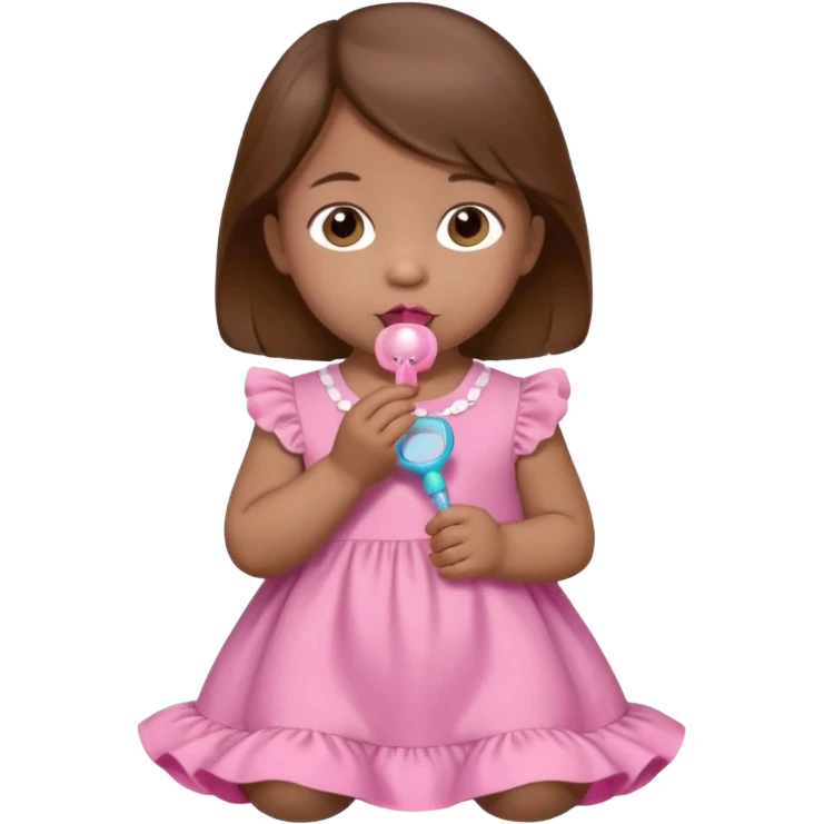A 1 year old girl with a pacifier and brown hair brown eyes and pink dress emoji
