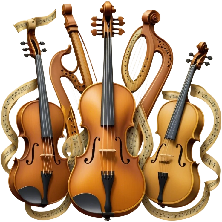 Create a sophisticated, festive, and professional emoji collage resembling a coat of arms, symbolizing string instruments. The design should feature several string instruments, such as a violin, cello, guitar, and harp, arranged in an elegant, balanced composition. Each instrument's neck (fingerboard) should intertwine with flowing musical notes, forming a ribbon-like structure that weaves through the instruments. The strings of the instruments should be emphasized, creating a dynamic and elegant effect. Use rich gold and silver accents to highlight the professional quality of the instruments, with deep wooden tones for the body of each instrument. Surround the instruments with a subtle border, resembling a heraldic crest, and add small decorative elements like laurel leaves or subtle flourishes. The background should be transparent to keep the design clean and polished. emoji