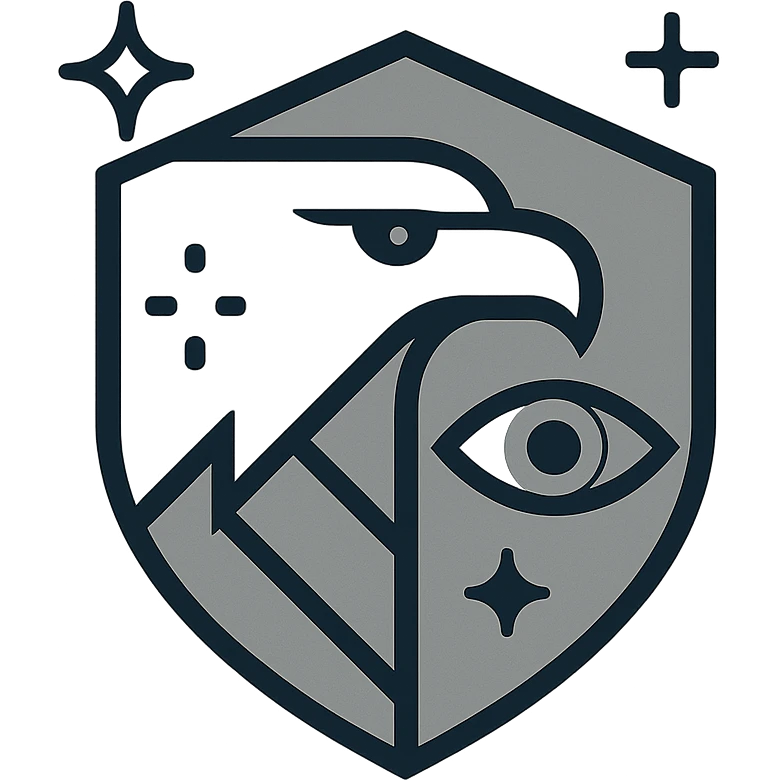 modern minimalistic logo for defense intelligence agency-inspired organization, geometric shield with stylized eagle head, digital star motifs, abstract eye elements, dark blue gray metallic silver colors, clean bold futuristic conveying security intelligence authority emoji