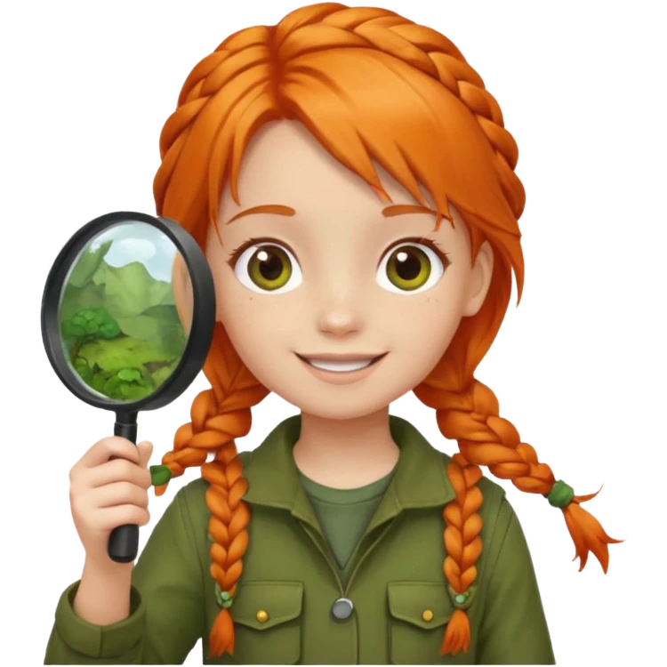 braid orange haired girl kid in moss green explorer outfit, holding magnifying glass emoji