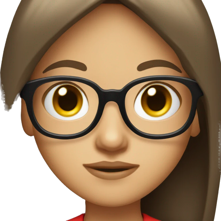 pretty girl with long brown hair and bangs wearing black glasses and a red shirt emoji