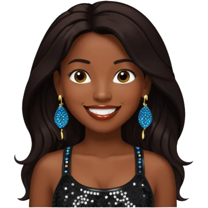 Chilli from TLC with long dark brown hair, black sequin crop top, black earring, dark skin emoji