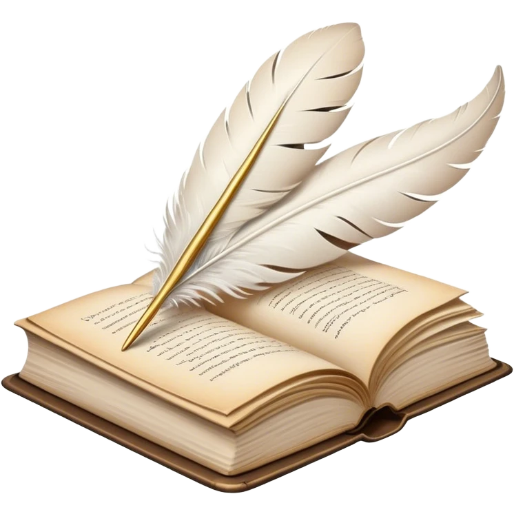 Create a poetic and elegant emoji representing poetry. The design should feature several vintage, gracefully flying pages with short, poetic columns written on them. A white feather quill should be depicted writing on one of the pages, with ink flowing smoothly. The pages should have a soft, antique look, with subtle details to convey the delicate nature of poetry. Use soft, light colors with a romantic, airy feel. Make the background transparent. emoji