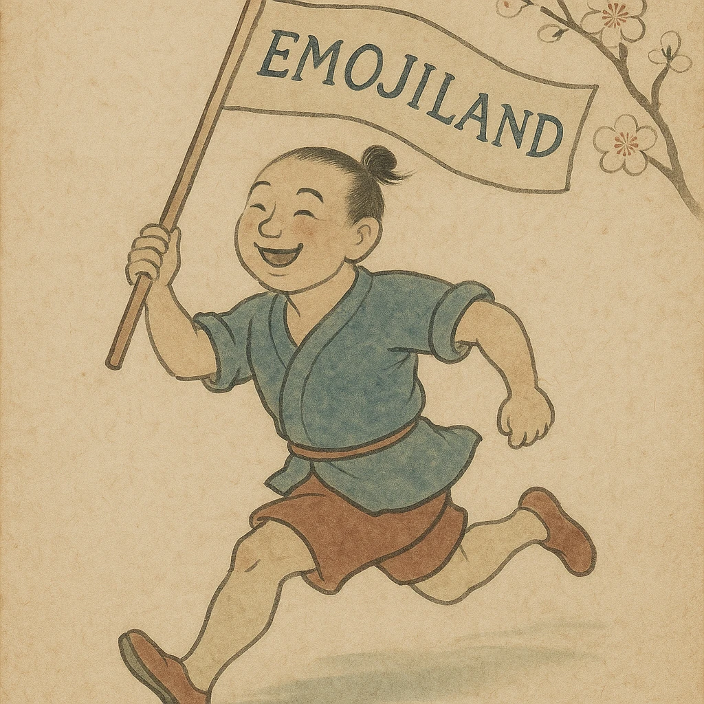 happy runner waving a flag that says 'emojiland' emoji