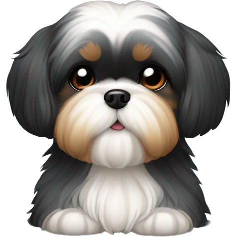 Shih tzu black puppy, yorkie coloring with light colored eyebrows. Round face, short ears. Looks like teddy bear  emoji