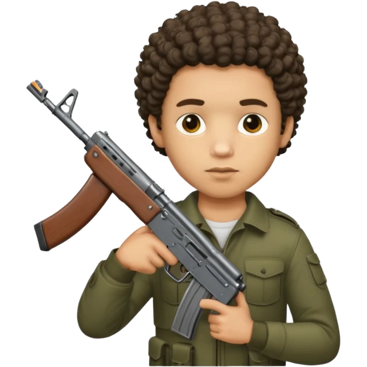 AK47 in hand, light skin male with shortest curly hair  some cuts on the face  emoji