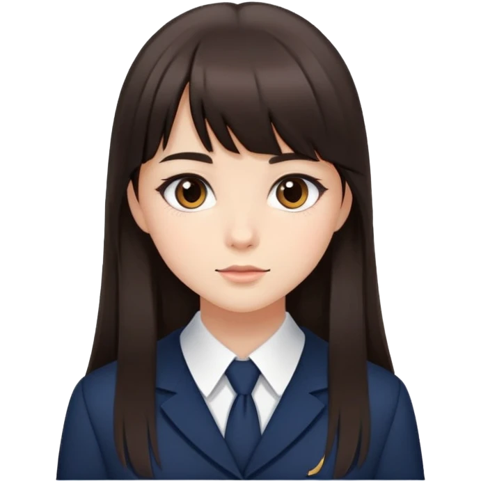 Girl in elegant school uniform with dark brown bangs, long straight hair, minimal makeup, attractive expression emoji